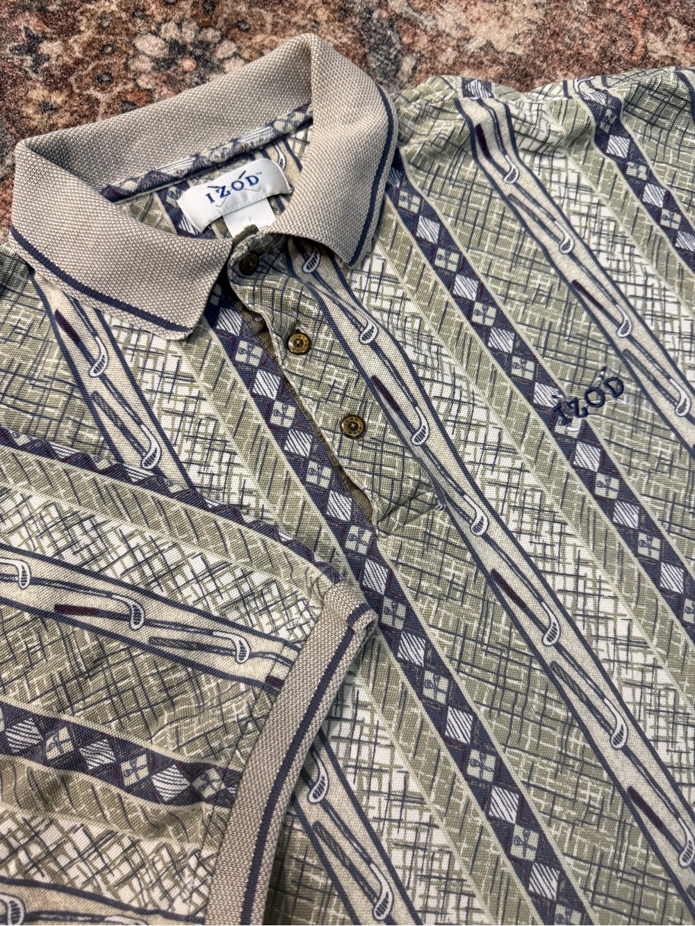 Vintage looking Izod Gold Men's Olive and Gray Patterned Polo